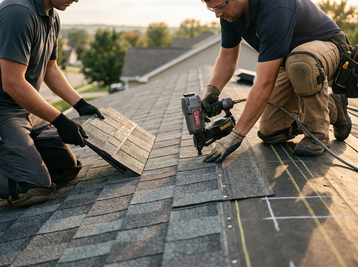Professional roofer working on a residential roof in Tullahoma
